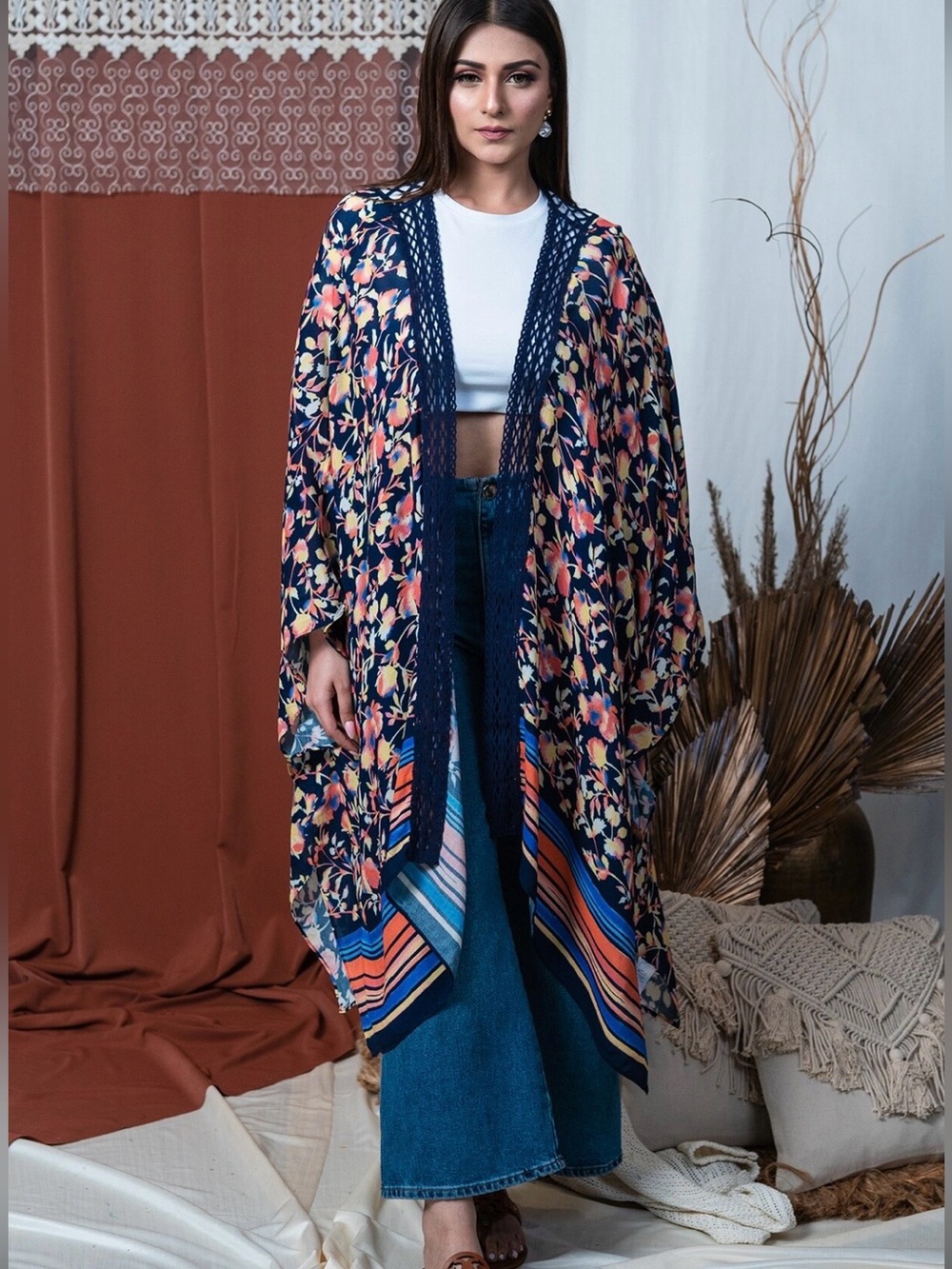 Colleen Lopez Floral Navy Crochet-Trim Kimono Cardigan Cover Up Women Size XL